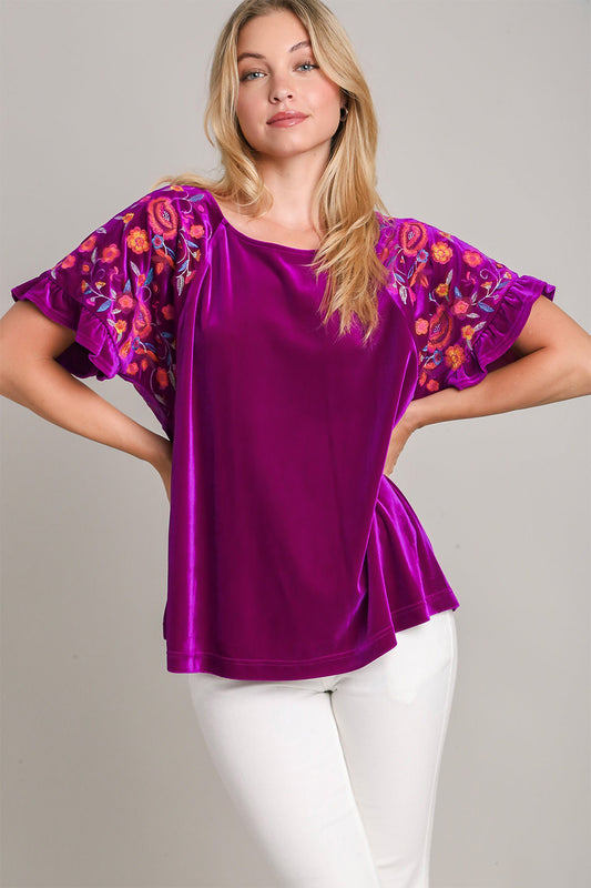 Umgee Full Size Velvet Embroidery Short Sleeve Blouse Violet Apparel Apparel Ship from USA TikTok Trendsi Umgee USA Trendsi https://www.cyberehub.com