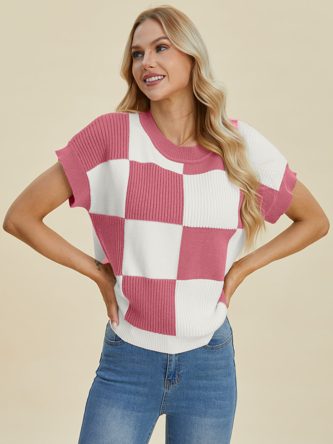 Double Take Full Size Checkered Round Neck Short Sleeve Sweater Shirt Apparel Clothing Tops Double Take Ship from USA Shirts USA Women Trendsi https://www.cyberehub.com
