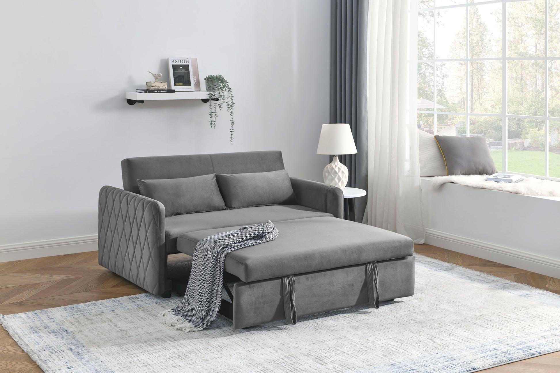 55" Modern Convertible Sofa Bed with 2 Detachable Arm Pockets, Velvet Loveseat Sofa with Pull Out Bed, 2 Pillows and Living Room Adjustable Backrest, Grid Design Armrests Giga GNJ Home Home & Garden Sofa Walmart Giga https://www.cyberehub.com