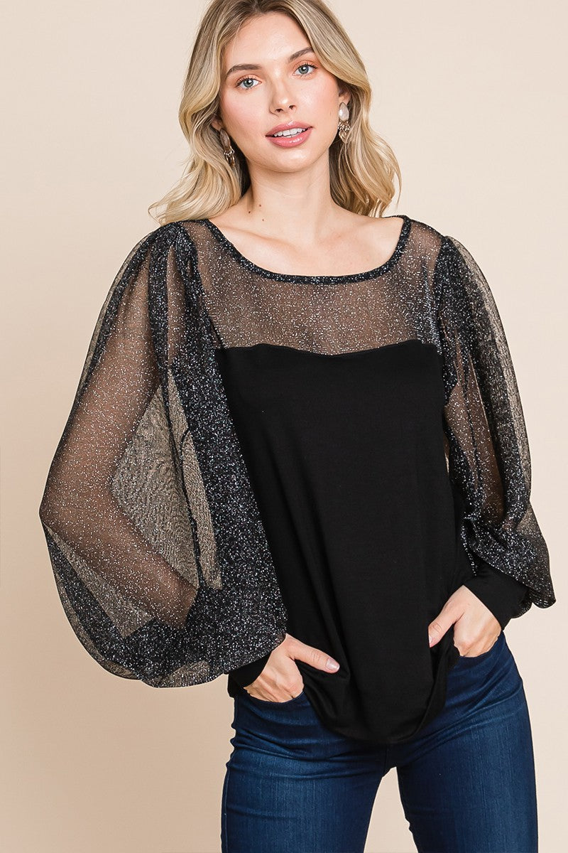 Super Lady Full Size Metallic Mesh Lantern Sleeve Blouse Apparel/Tops Ship from USA Super Lady TikTok Tops Trendsi USPS Walmart Walmart Apparel Trendsi https://www.cyberehub.com