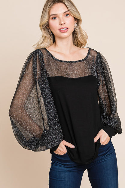 Super Lady Full Size Metallic Mesh Lantern Sleeve Blouse Apparel/Tops Ship from USA Super Lady TikTok Tops Trendsi USPS Walmart Walmart Apparel Trendsi https://www.cyberehub.com