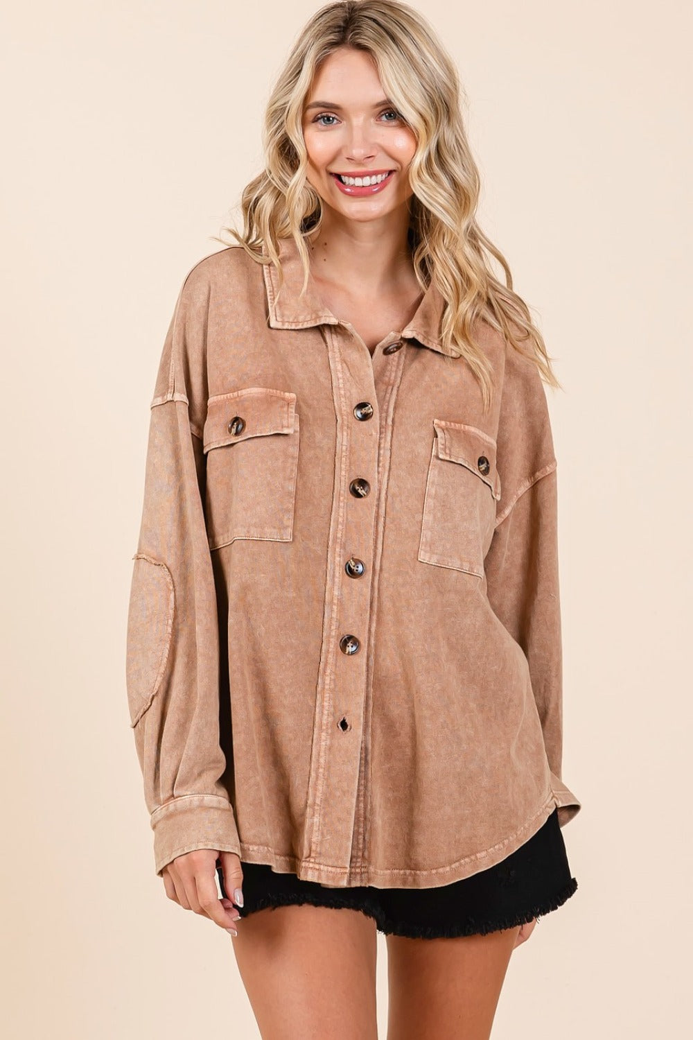 Mittoshop Mineral Wash French Terry Elbow Patch Shacket Shirt Apparel Clothing Tops Mittoshop Ship from USA Shirts USA Women Trendsi https://www.cyberehub.com