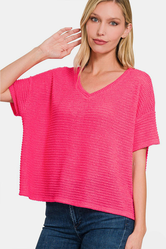 Zenana Drop Shoulder Short Sleeve Jacquard Knit Top Fuchsia Shirt Apparel Clothing Tops Ship from USA Shirts USA Women Zenana Trendsi https://www.cyberehub.com