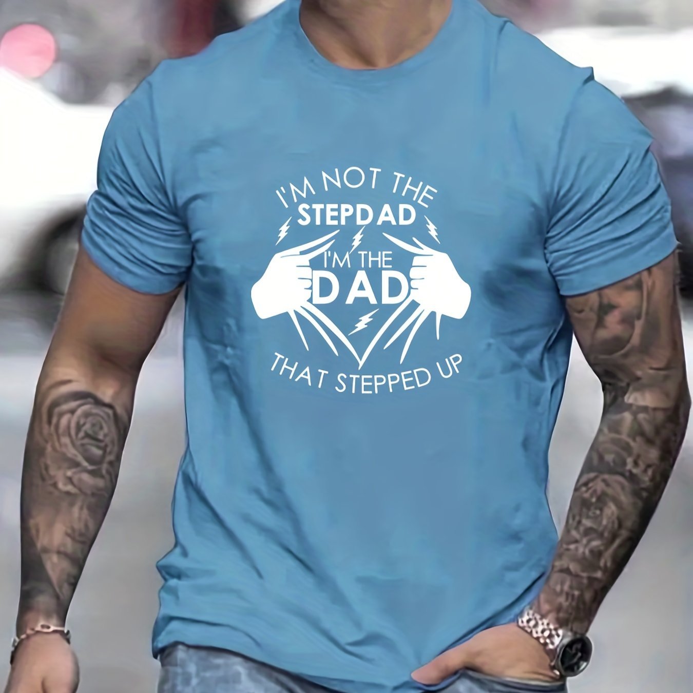 Stand Up Dad Stepfather T-shirt, Men's T-shirt, Summer, Spring, Autumn Casual Short Sleeved T-shirt, Top As Gifts Blue Apparel/Shirt/Graphic Shirt SNULLO https://www.cyberehub.com