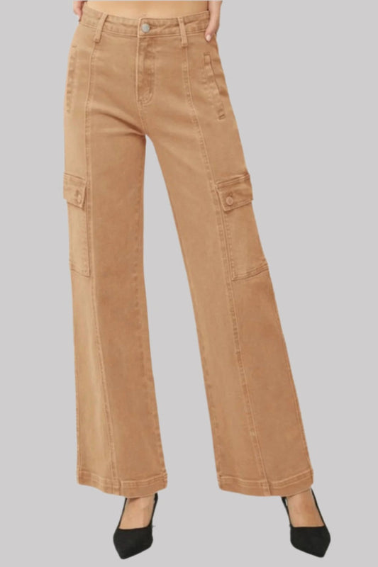 RISEN Full Size High Rise Wide Leg Cargo Jeans Cocoa Bottoms Bottoms Clothing RISEN Ship from USA Women Trendsi https://www.cyberehub.com