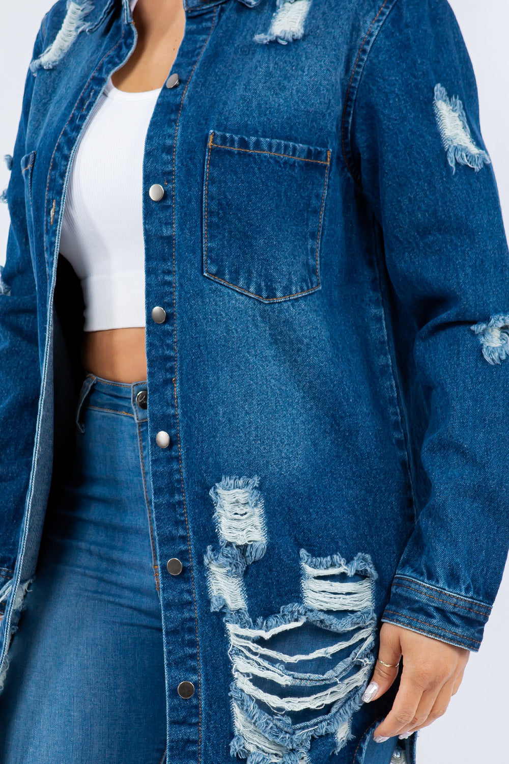 American Bazi Distressed Button Up Long Sleeve Denim Jacket Tops/Jackets/Sweaters American Bazi Clothing Tops Ship from USA TikTok Trendsi USPS Walmart Trendsi https://www.cyberehub.com