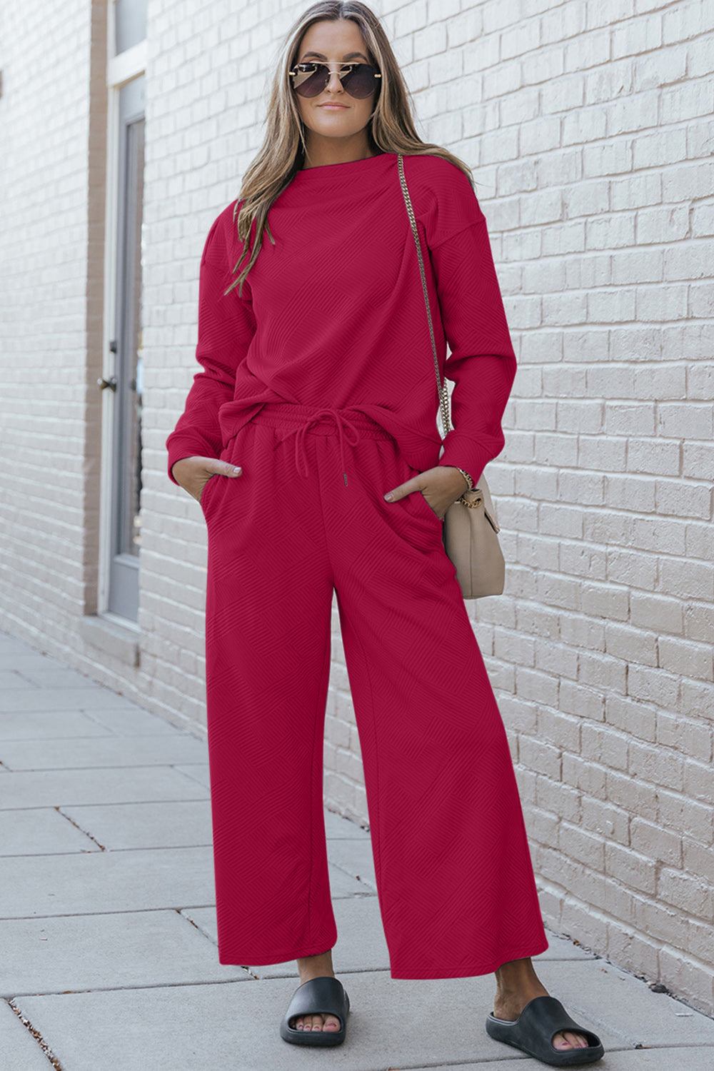 Double Take Full Size Textured Long Sleeve Top and Drawstring Pants Set Hot Pink Apparel/Tops Double Take Ship from USA TikTok Tops Trendsi USPS Walmart Walmart Apparel Trendsi https://www.cyberehub.com