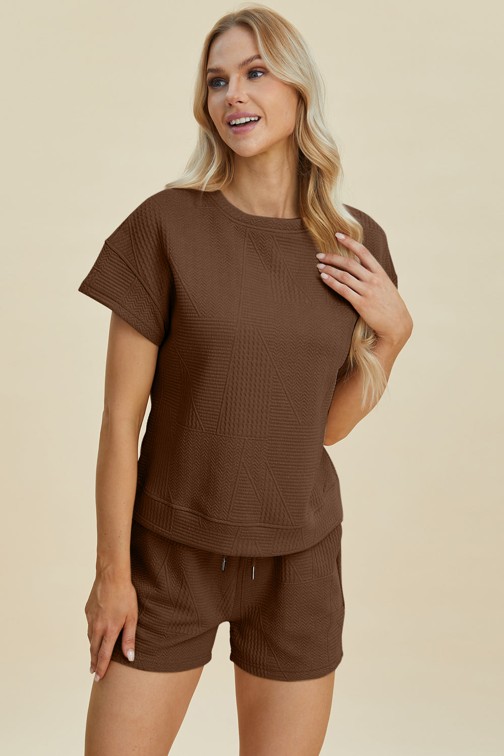 Double Take Full Size Texture Short Sleeve Top and Shorts Set Tops/Jackets/Sweaters Clothing Tops Double Take Outlets 2.20-3.30 Ship from USA TikTok Trendsi USPS Walmart Trendsi https://www.cyberehub.com
