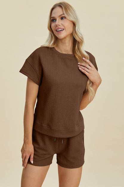 Double Take Full Size Texture Short Sleeve Top and Shorts Set Tops/Jackets/Sweaters Clothing Tops Double Take Outlets 2.20-3.30 Ship from USA TikTok Trendsi USPS Walmart Trendsi https://www.cyberehub.com