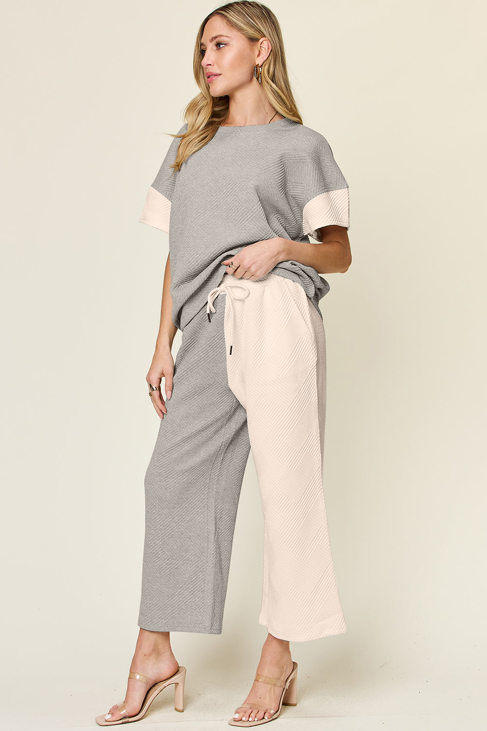 Double Take Full Size Texture Contrast T-Shirt and Wide Leg Pants Set Apparel/Tops Double Take Ship from USA TikTok Tops Trendsi USPS Walmart Walmart Apparel Trendsi https://www.cyberehub.com