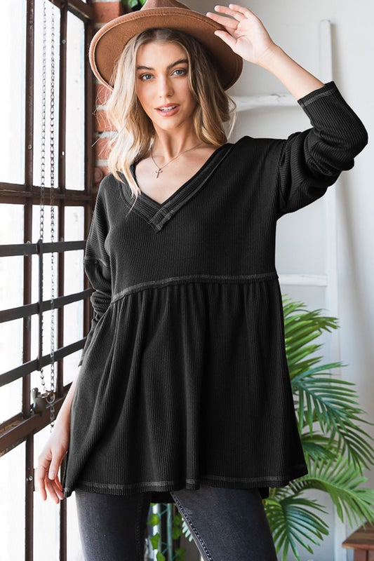 Heimish Full Size V-Neck Long Sleeve Ribbed Babydoll Top Black Apparel Apparel Heimish Ship from USA TikTok Trendsi Trendsi https://www.cyberehub.com