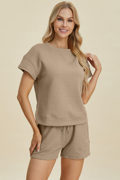 Double Take Full Size Texture Short Sleeve Top and Shorts Set Tops/Jackets/Sweaters Clothing Tops Double Take Outlets 2.20-3.30 Ship from USA TikTok Trendsi USPS Walmart Trendsi https://www.cyberehub.com