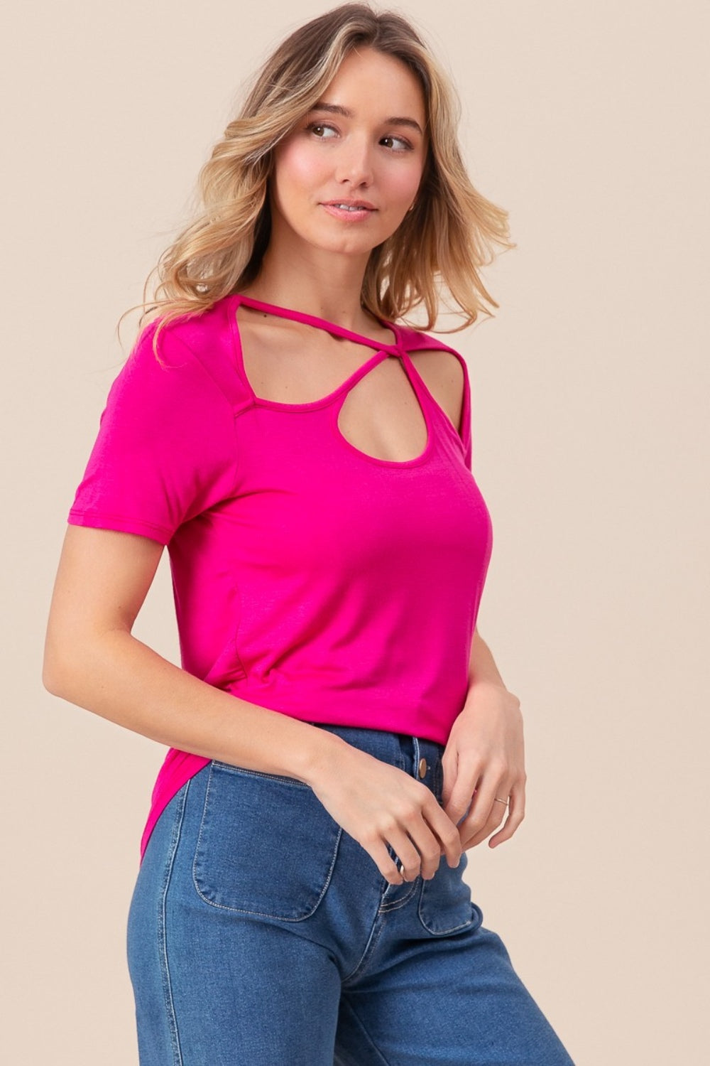 BiBi Cutout Asymmetrical Neck Short Sleeve T-Shirt Tops/Jackets/Sweaters BiBi Clothing Tops Ship from USA TikTok Trendsi USPS Walmart Trendsi https://www.cyberehub.com