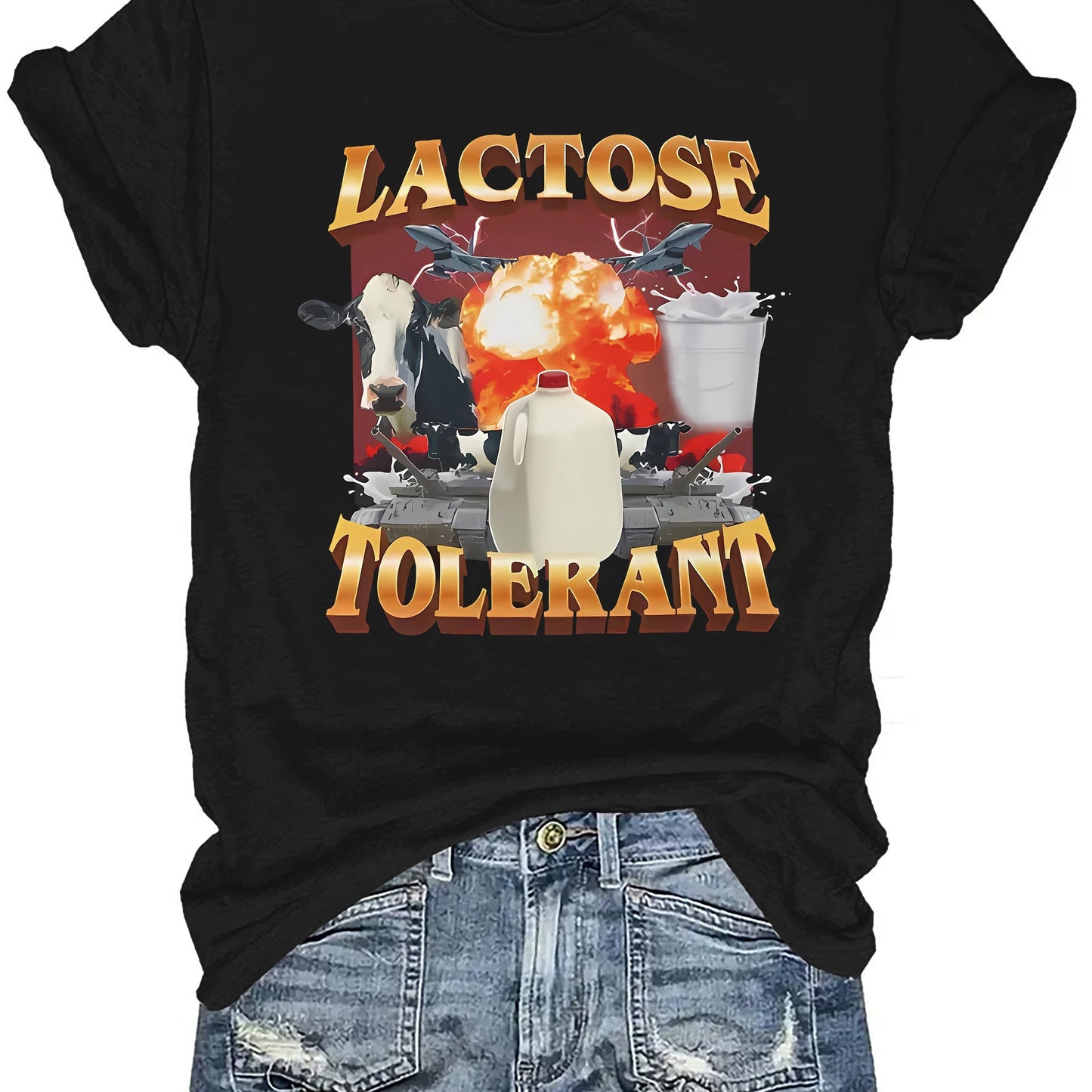 Lactose Tolerant Pattern T-shirt - Casual Round Neck T-shirt, Printed Design, Unisex Short Sleeved Knitted Fabric Top, Suitable For All Seasons Balck Apparel/Shirt/Graphic Shirt SNULLO https://www.cyberehub.com