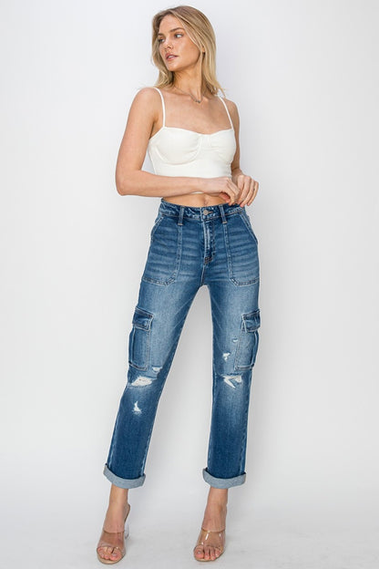 RISEN Full Size High Rise Cargo Ankle Roll Up Straight Jeans Bottoms Bottoms Clothing RISEN Ship from USA Women Trendsi https://www.cyberehub.com