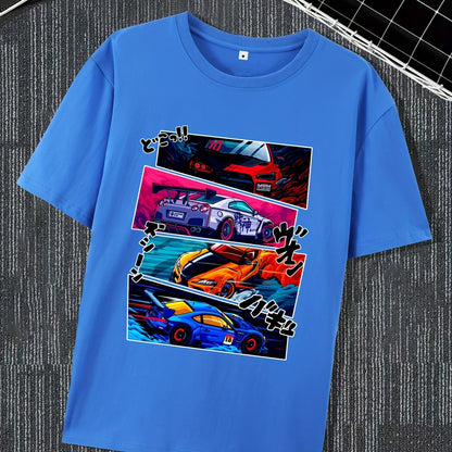 Men's Street Style Short Sleeved Round Neck T-shirt With Summer Outdoor Sports Car Pattern Print Blue Apparel/Shirt/Graphic Shirt SNULLO https://www.cyberehub.com