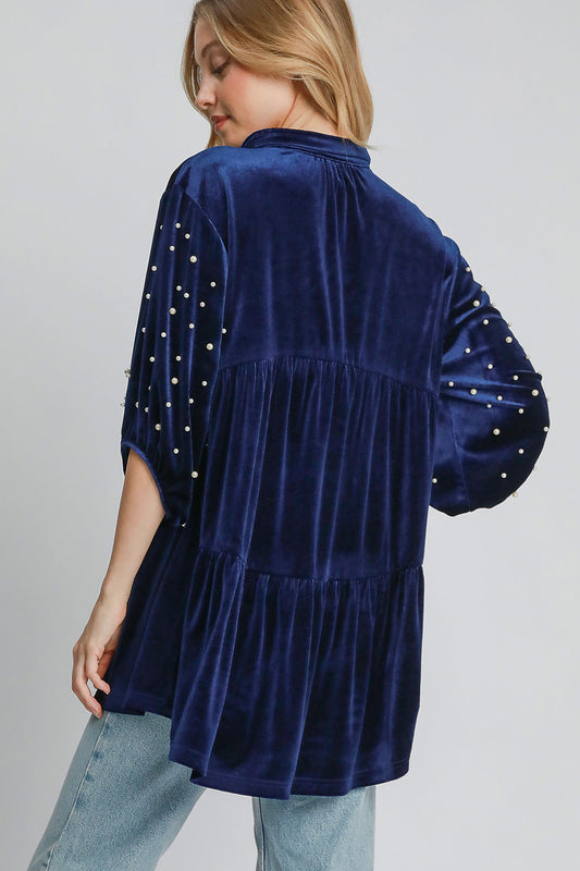 Umgee Pearl Detail Collared Neck Velvet Babydoll Blouse Apparel/Tops Ship from USA TikTok Tops Trendsi Umgee USA USPS Walmart Walmart Apparel Trendsi https://www.cyberehub.com