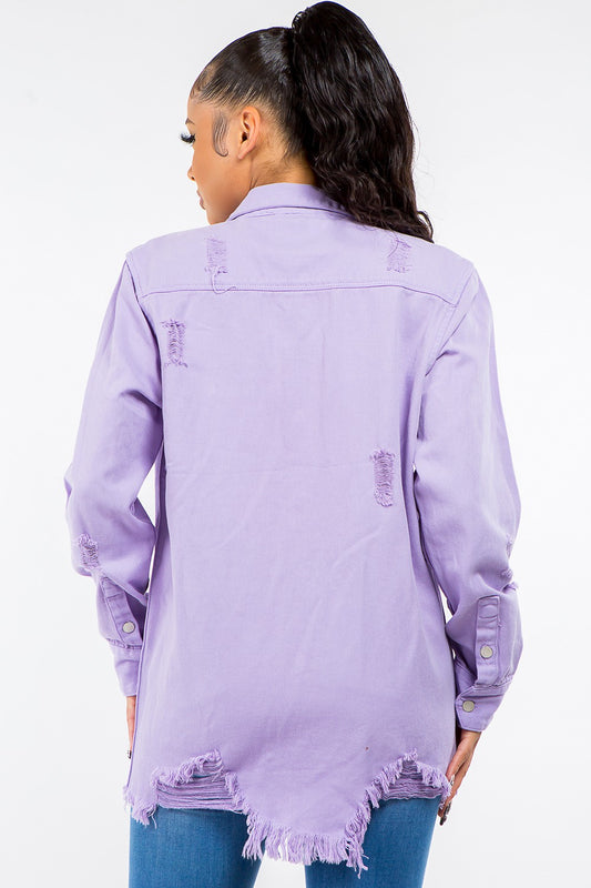 American Bazi Frayed Hem Distressed Denim Jacket Shirt American Bazi Apparel Clothing Tops Ship from USA Shirts USA Women Trendsi https://www.cyberehub.com