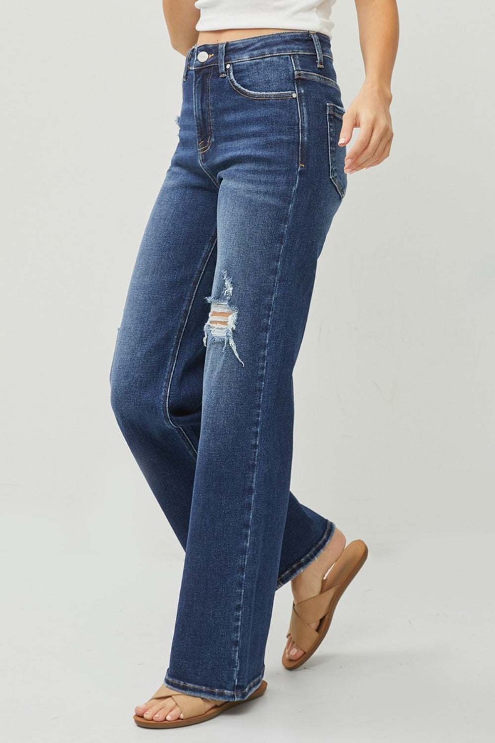 RISEN Full Size High Rise Distressed Wide Leg Jeans Bottoms Bottoms Clothing RISEN Ship from USA Women Trendsi https://www.cyberehub.com