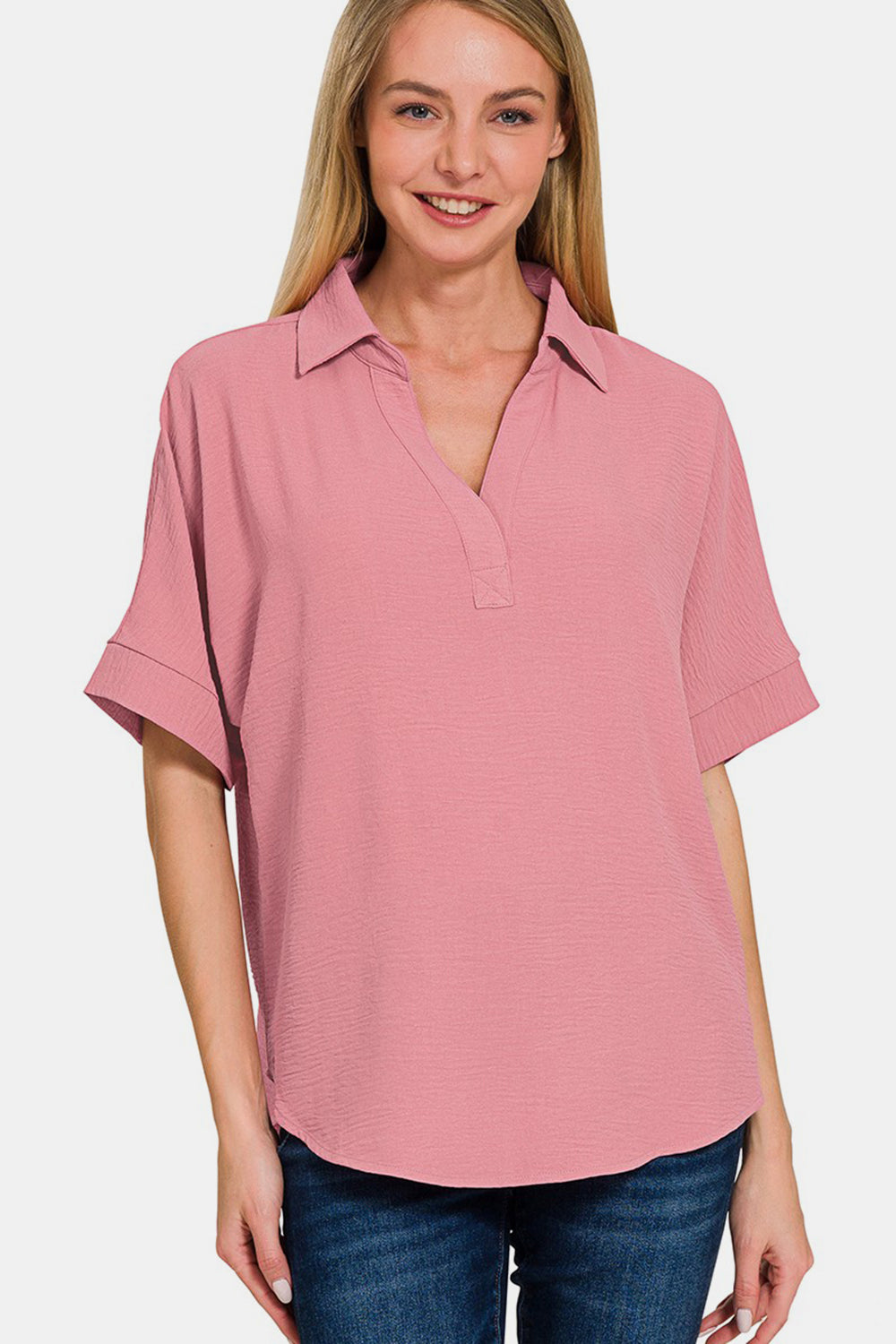 Zenana Texture Collared Neck Short Sleeve Top Lt Rose Tops/Jackets/Sweaters Clothing Tops Ship from USA TikTok Trendsi USPS Walmart Zenana Trendsi https://www.cyberehub.com