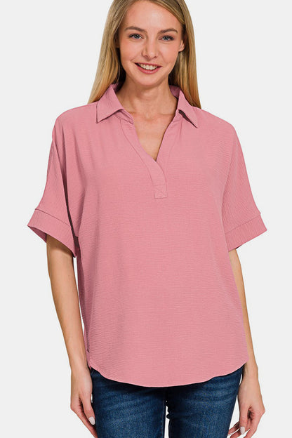 Zenana Texture Collared Neck Short Sleeve Top Lt Rose Tops/Jackets/Sweaters Clothing Tops Ship from USA TikTok Trendsi USPS Walmart Zenana Trendsi https://www.cyberehub.com