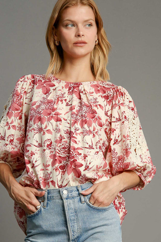 Umgee Floral Pleated Detail Lace Trim Sleeve Blouse Pink Mix Apparel Apparel Ship from USA TikTok Trendsi Umgee USA Trendsi https://www.cyberehub.com