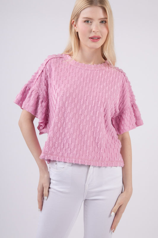 VERY J Full Size Texture Ruffle Short Sleeve Top Orchid Apparel/Tops Ship from USA TikTok Tops Trendsi USPS VERY J Walmart Walmart Apparel Trendsi https://www.cyberehub.com