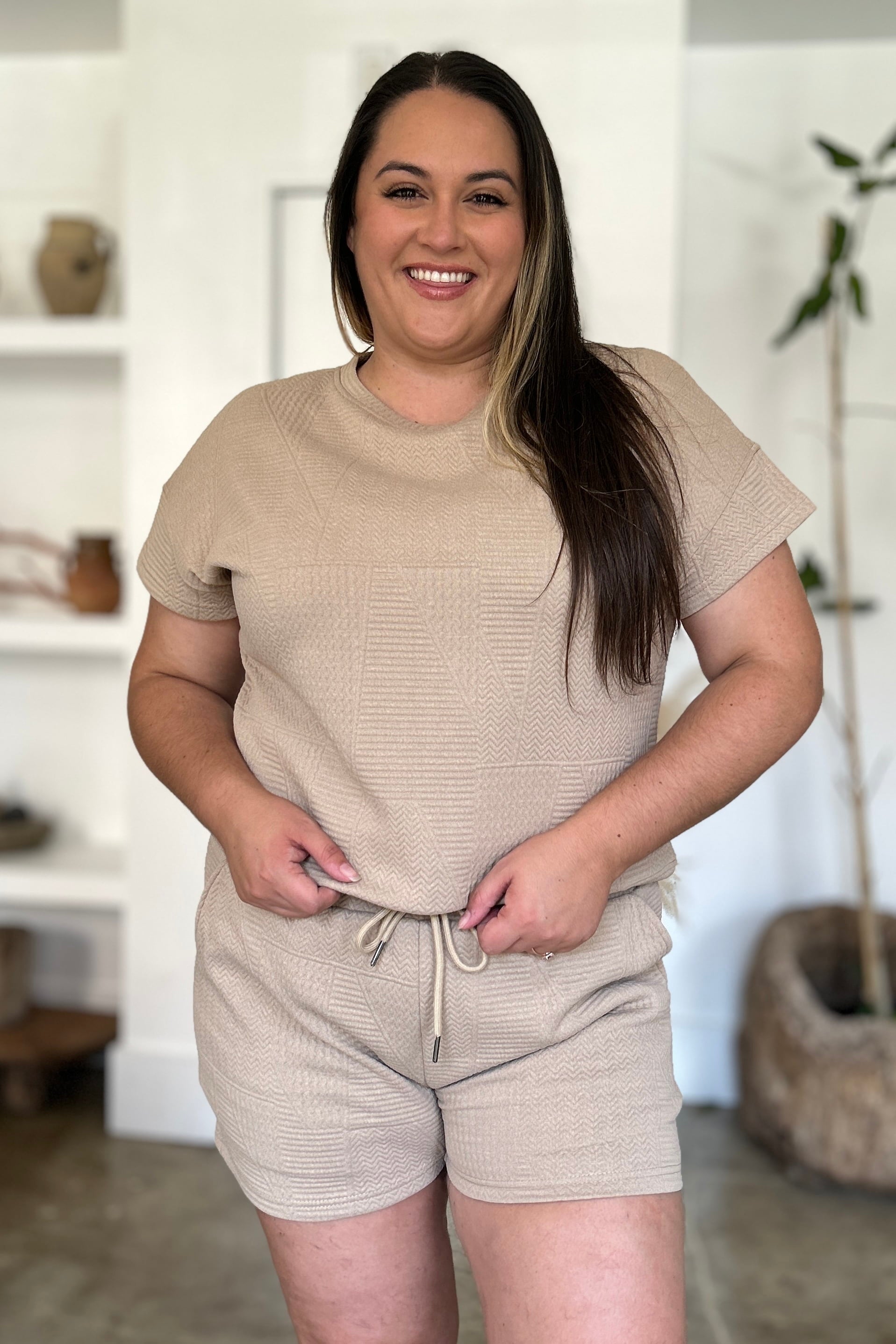 Double Take Full Size Texture Short Sleeve Top and Shorts Set Tops/Jackets/Sweaters Clothing Tops Double Take Outlets 2.20-3.30 Ship from USA TikTok Trendsi USPS Walmart Trendsi https://www.cyberehub.com