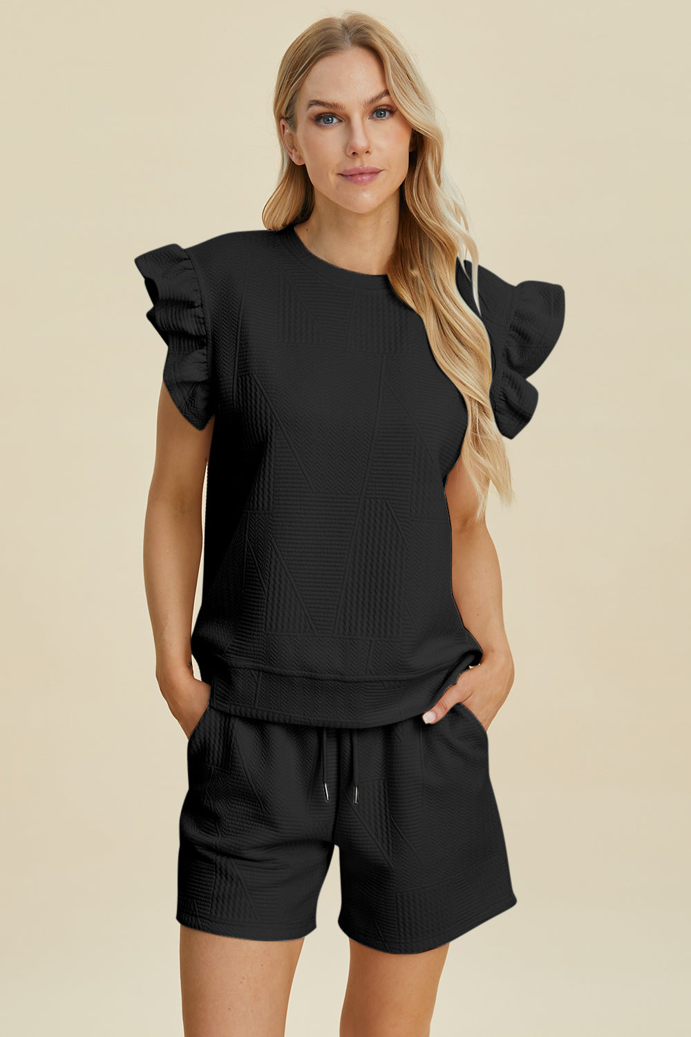 Double Take Full Size Texture Round Neck Ruffle Sleeve Top and Shorts Set Black Tops/Jackets/Sweaters Clothing Tops Double Take Ship from USA TikTok Trendsi USPS Walmart Trendsi https://www.cyberehub.com