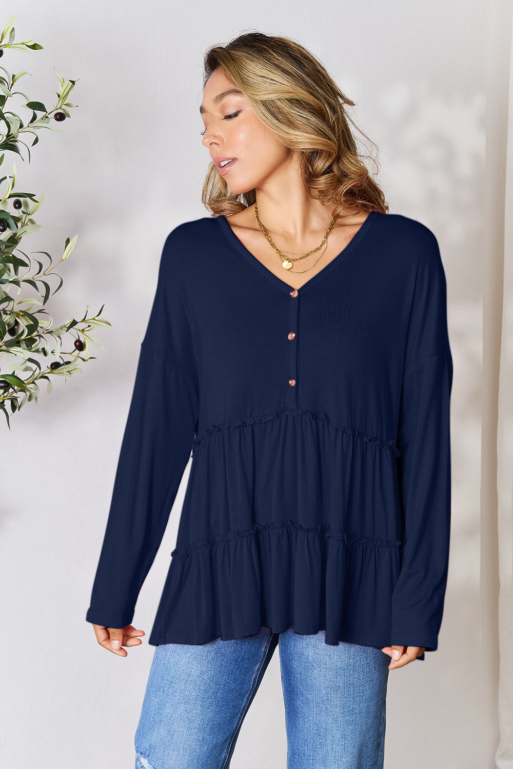 Double Take Half Button Long Sleeve Ruffle Hem Blouse Apparel/Tops Double Take Ship from USA TikTok Tops Trendsi USPS Walmart Walmart Apparel Trendsi https://www.cyberehub.com
