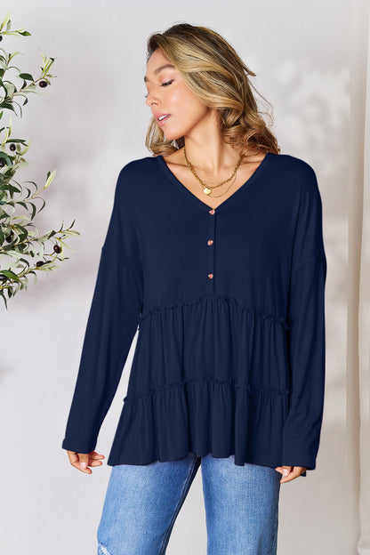 Double Take Half Button Long Sleeve Ruffle Hem Blouse Apparel/Tops Double Take Ship from USA TikTok Tops Trendsi USPS Walmart Walmart Apparel Trendsi https://www.cyberehub.com