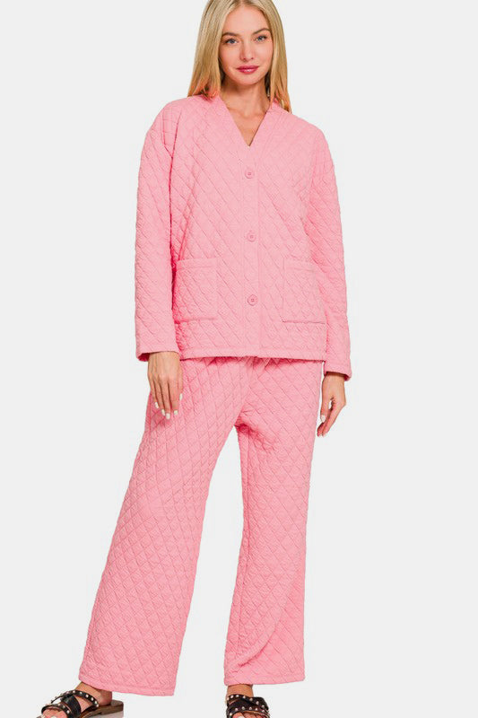 Zenana Quilted Button Up Long Sleeve Top and Pants Lounge Set Dk Pink Apparel Apparel Ship from USA TikTok Trendsi Zenana Trendsi https://www.cyberehub.com