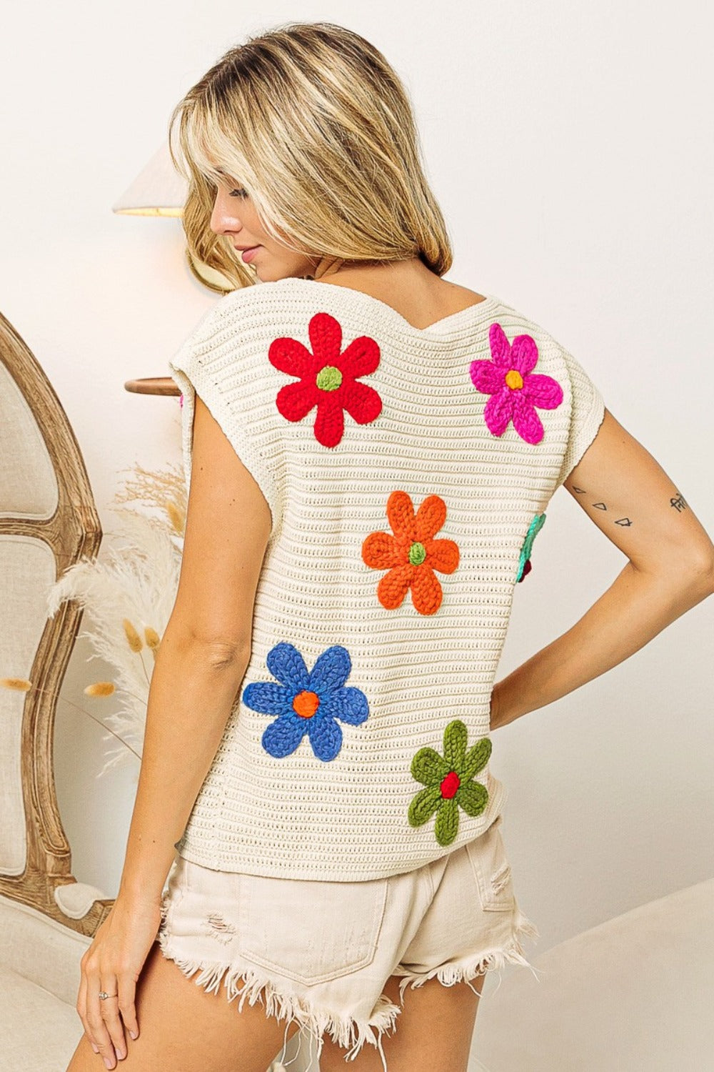 BiBi Flower Round Neck Cap Sleeve Knit Top Shirt Apparel BiBi Clothing Tops Ship from USA Shirts USA Women Trendsi https://www.cyberehub.com