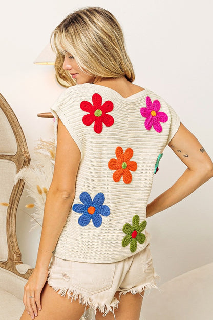 BiBi Flower Round Neck Cap Sleeve Knit Top Shirt Apparel BiBi Clothing Tops Ship from USA Shirts USA Women Trendsi https://www.cyberehub.com