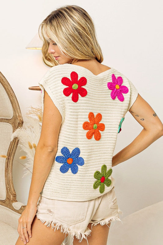BiBi Flower Round Neck Cap Sleeve Knit Top Shirt Apparel BiBi Clothing Tops Ship from USA Shirts USA Women Trendsi https://www.cyberehub.com