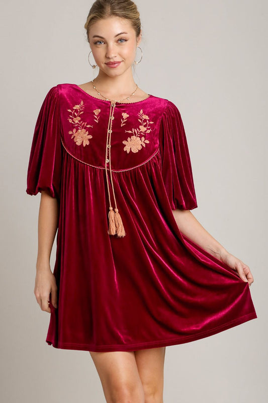 Umgee Embroidered Half Sleeve Velvet Mini Dress with Tassel Burgundy Apparel Apparel Ship from USA TikTok Trendsi Umgee USA Trendsi https://www.cyberehub.com