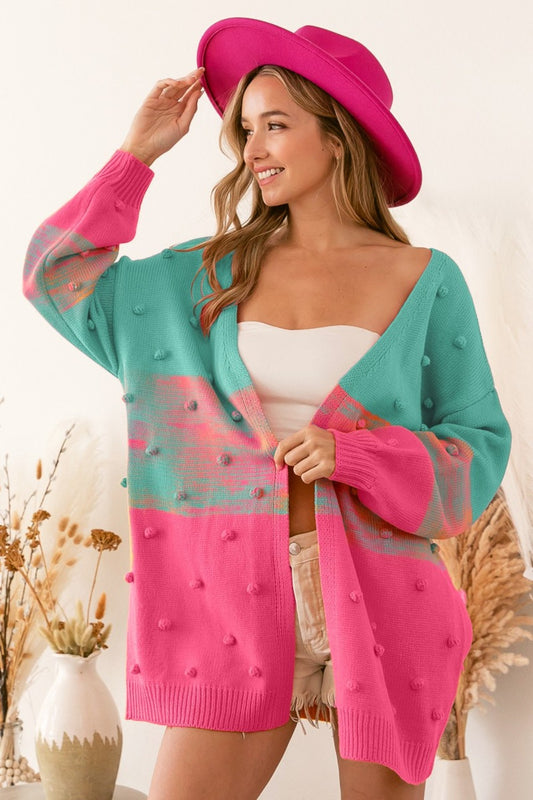 BiBi Color Block Ponpon Sweater Cardigan Turquoise Pink Shirt Apparel BiBi Clothing Tops Ship from USA Shirts USA Women Trendsi https://www.cyberehub.com