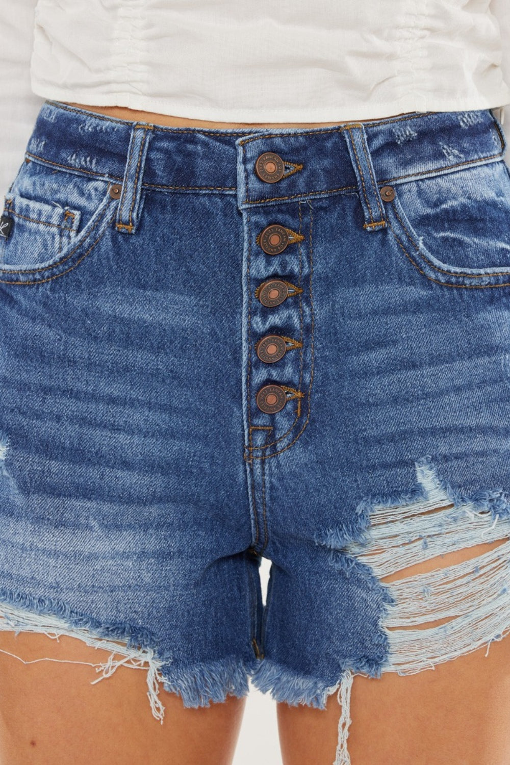 Kancan Distressed Button-Fly High Waist Denim Shorts Bottoms Bottoms Clothing Kancan Ship from USA Women Trendsi https://www.cyberehub.com