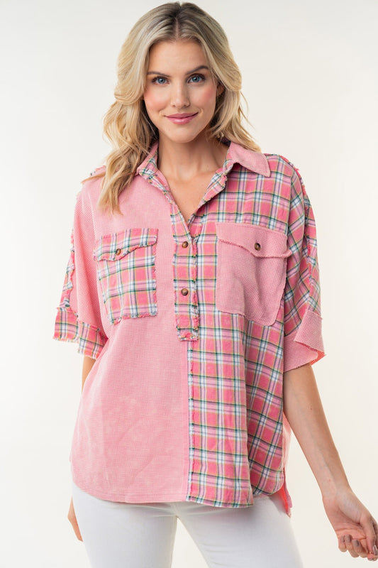 White Birch Plaid Color Block Half Button Top Rose Apparel/Tops Ship from USA TikTok Tops Trendsi USPS Walmart Walmart Apparel White Birch Trendsi https://www.cyberehub.com