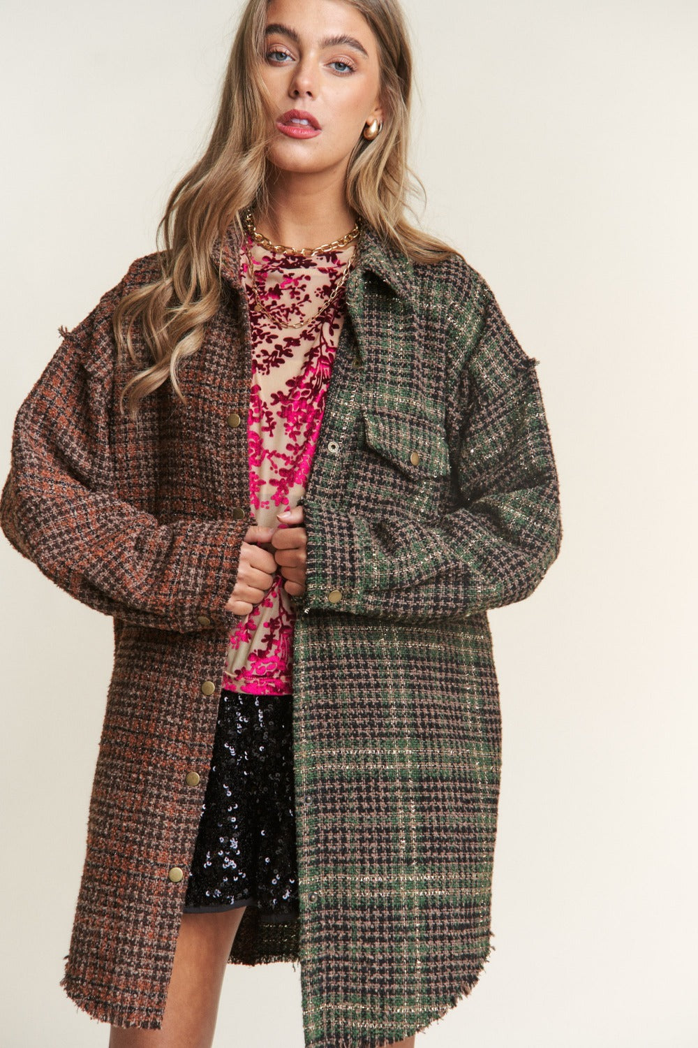 J.NNA Snap Down Tweed Plaid Contrast Longline Shacket Tops/Jackets/Sweaters Clothing Tops J.NNA Ship from USA TikTok Trendsi USPS Walmart Trendsi https://www.cyberehub.com