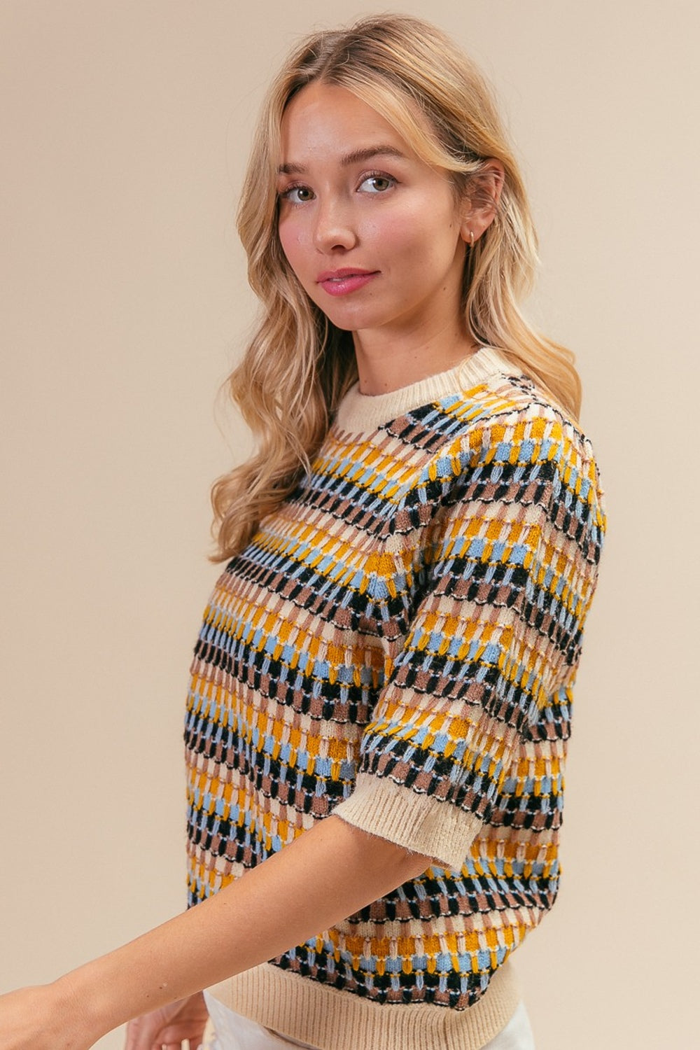 BiBi Multi Color Half Sleeve Sweater Shirt Apparel BiBi Clothing Tops Ship from USA Shirts USA Women Trendsi https://www.cyberehub.com