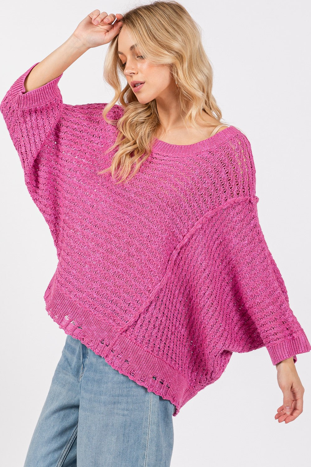 SAGE + FIG Distressed Asymmetrical Open Stitch Sweater Shirt Apparel Clothing Tops SAGE+FIG Ship from USA Shirts USA Women Trendsi https://www.cyberehub.com