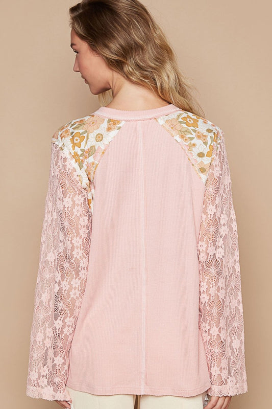 POL Flower Patch Lace Sleeve Knit Top Shirt Apparel Clothing Tops POL Ship from USA Shirts USA Women Trendsi https://www.cyberehub.com