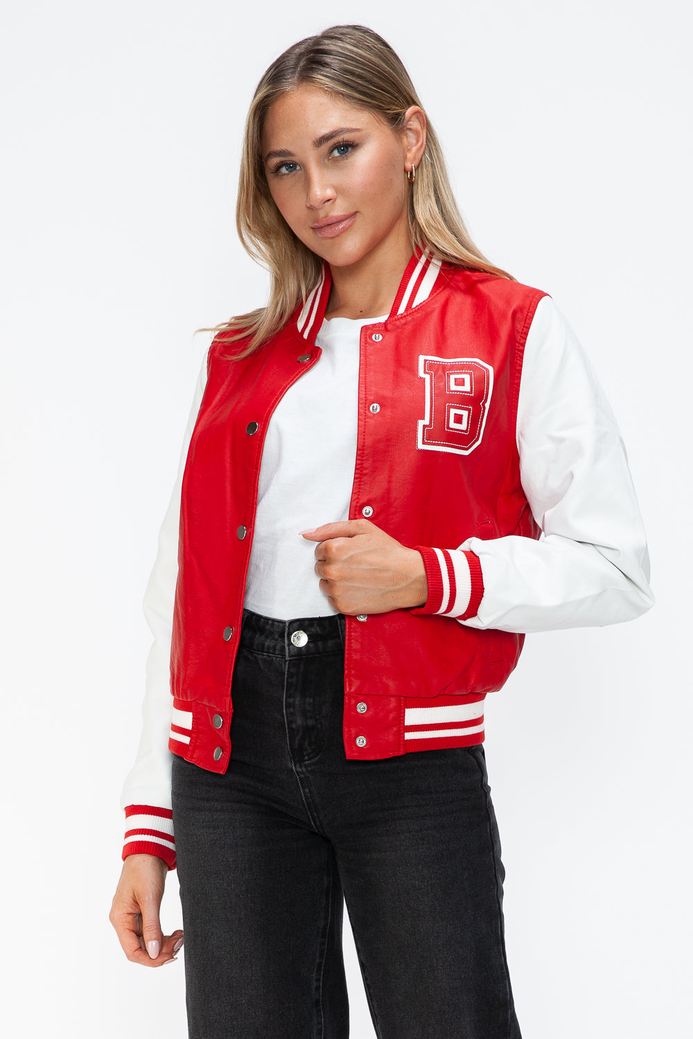 Love Me Now PU Leather Contrast Snap Down Bomber Jacket Tops/Jackets/Sweaters Clothing Tops Love Me Now Ship from USA TikTok Trendsi USPS Walmart Trendsi https://www.cyberehub.com