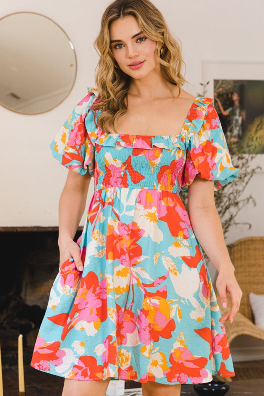ODDI Printed Smocked Puff Sleeve Mini Dress Aqua Multi Apparel/Dress Dress ODDI Ship from USA TikTok Trendsi USPS Walmart Walmart Apparel Trendsi https://www.cyberehub.com