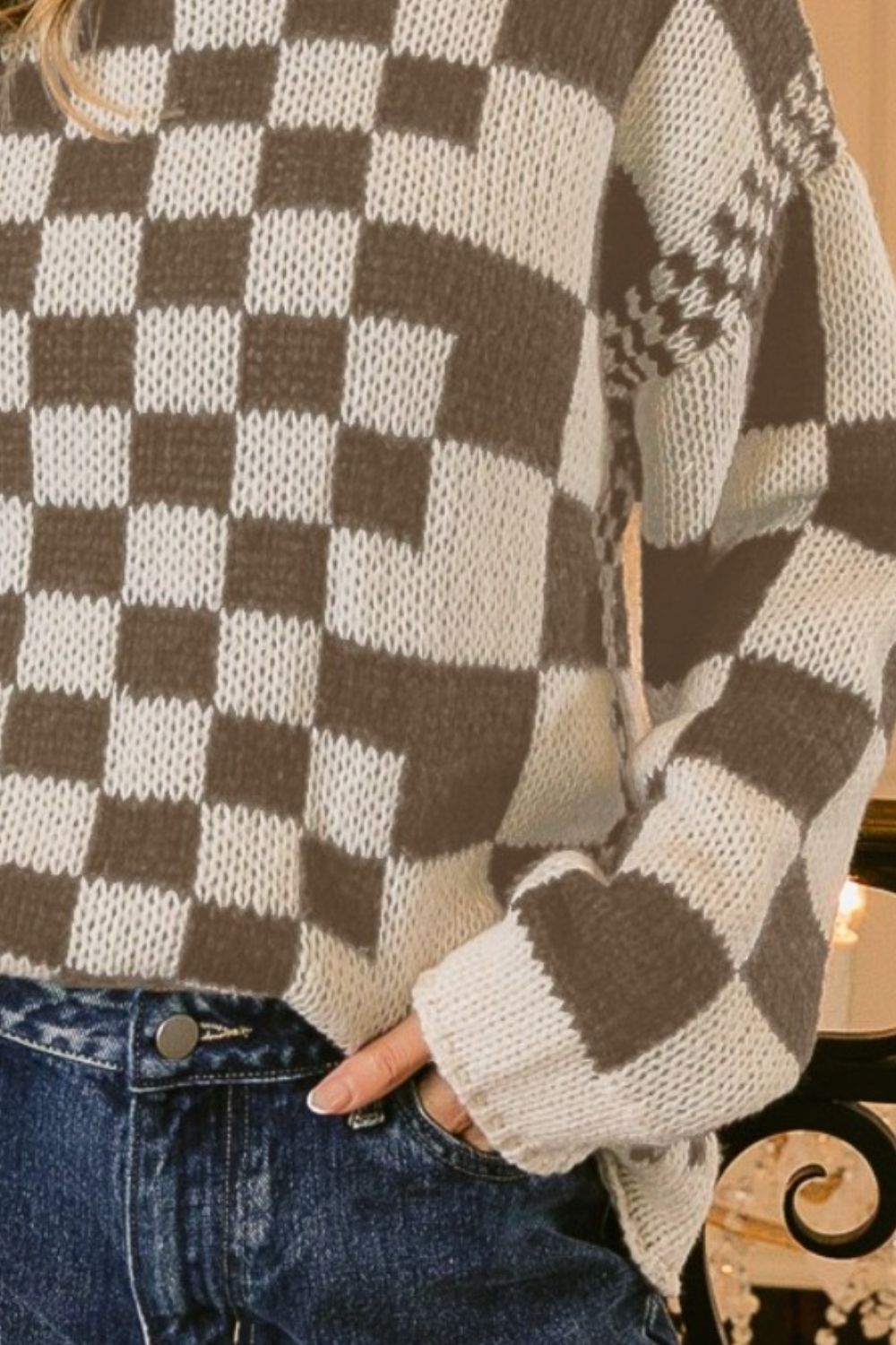 BiBi Checkered Contrast Chunky Sweater Shirt Apparel BiBi Clothing Tops Ship from USA Shirts USA Women Trendsi https://www.cyberehub.com