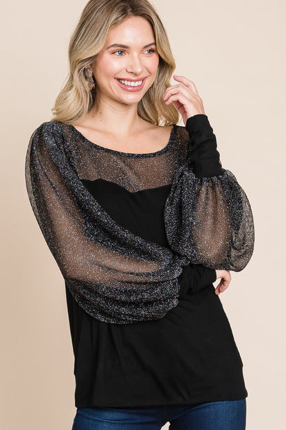 Super Lady Full Size Metallic Mesh Lantern Sleeve Blouse Apparel/Tops Ship from USA Super Lady TikTok Tops Trendsi USPS Walmart Walmart Apparel Trendsi https://www.cyberehub.com