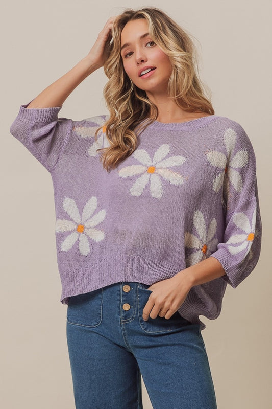 BiBi Floral Pattern Slit Sweater Lavender Ivory Shirt Apparel BiBi Clothing Tops Ship from USA Shirts USA Women Trendsi https://www.cyberehub.com