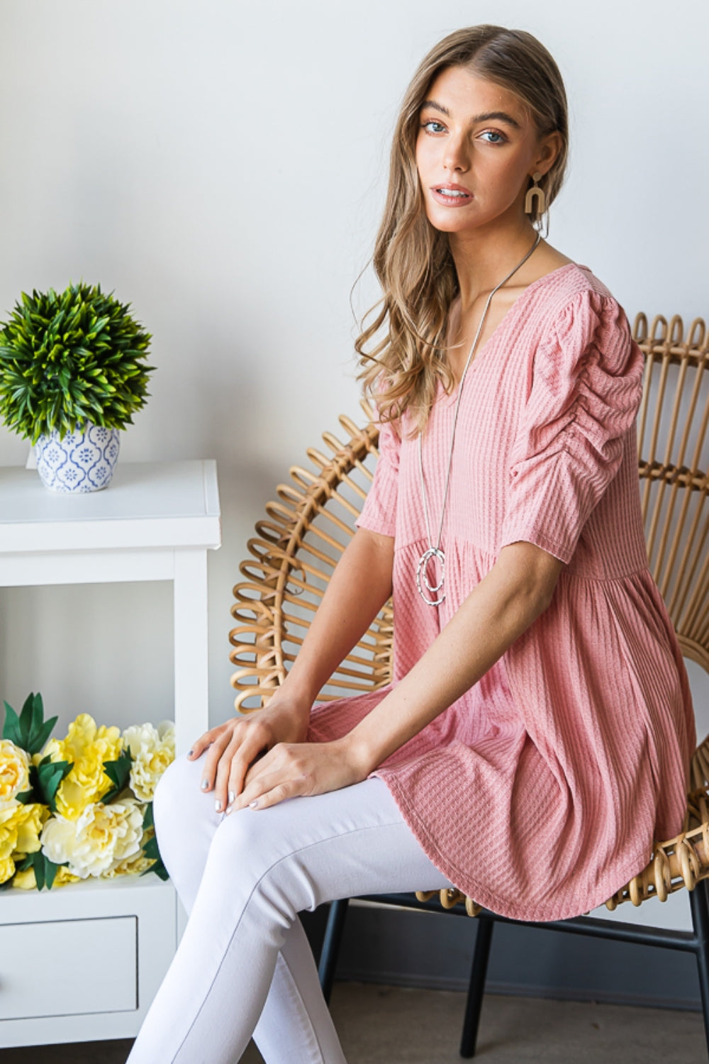 Heimish Full Size Waffle Knit V-Neck Babydoll Top Apparel/Tops Heimish Ship from USA TikTok Tops Trendsi USPS Walmart Walmart Apparel Trendsi https://www.cyberehub.com