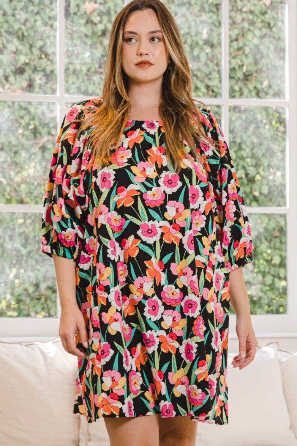 ODDI Full Size Floral Puff Sleeve Mini Dress Black Multi Apparel/Dress Dress ODDI Ship from USA TikTok Trendsi USPS Walmart Walmart Apparel Trendsi https://www.cyberehub.com